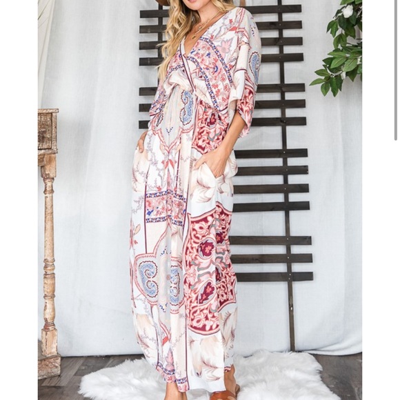 Multi Stripe Floral Print V-Neck Dolman Sleeves Maxi Dress with Side… - Picture 9 of 16
